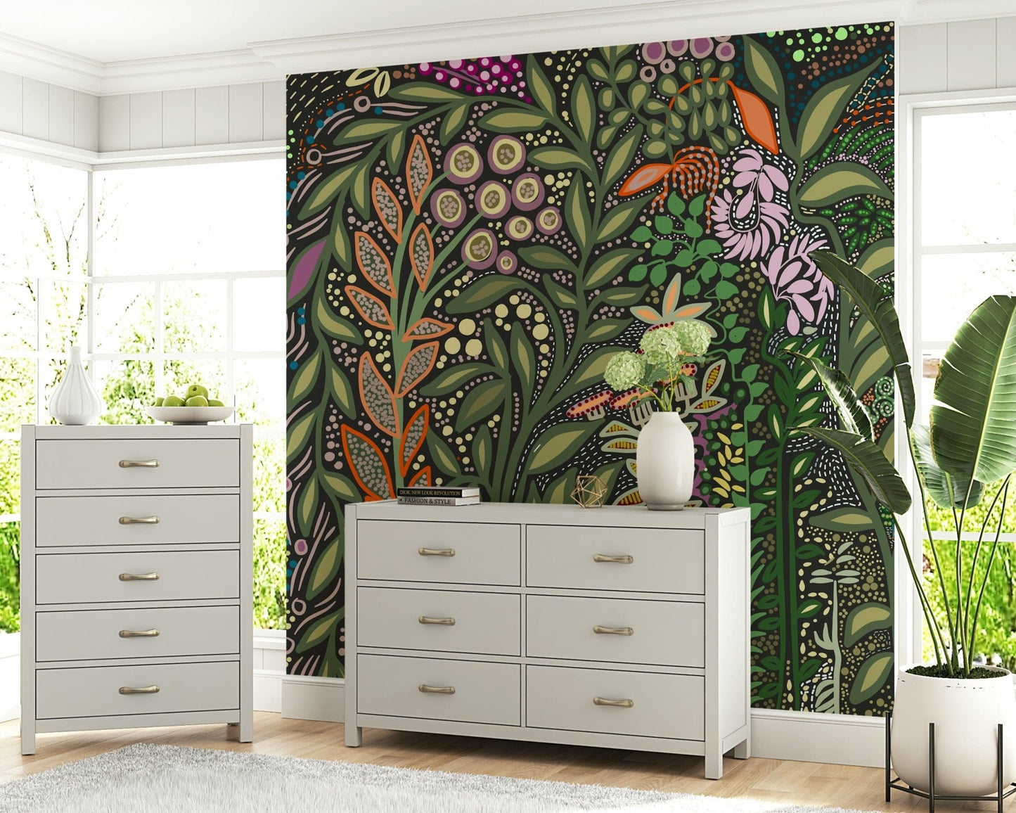 Wall mural with vibrant tropical Strelitzia leaves and flowers for an exotic interior feel.