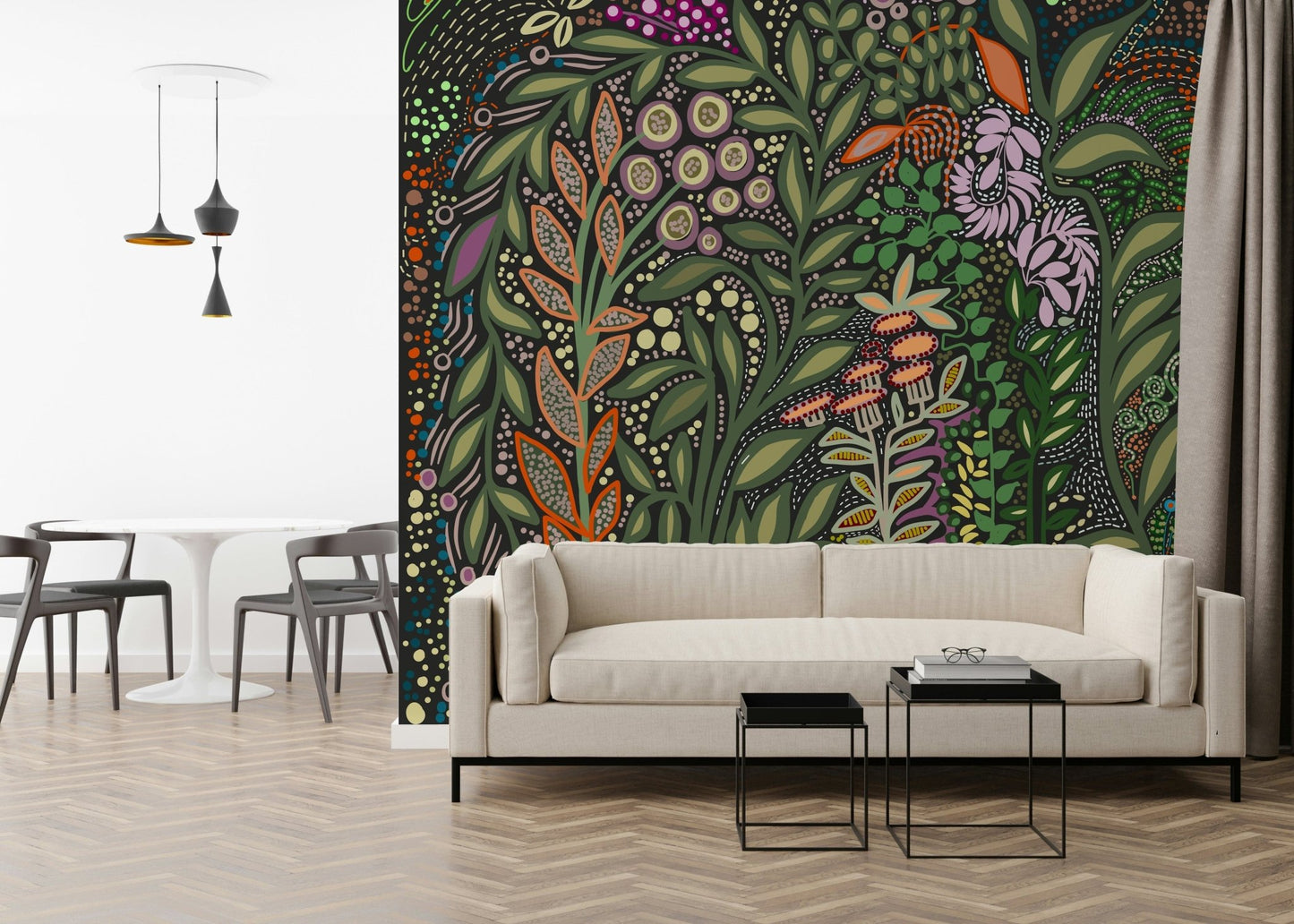 Enchanted Foliage Wall Mural — lush tropical garden with vibrant bird-of-paradise flowers.