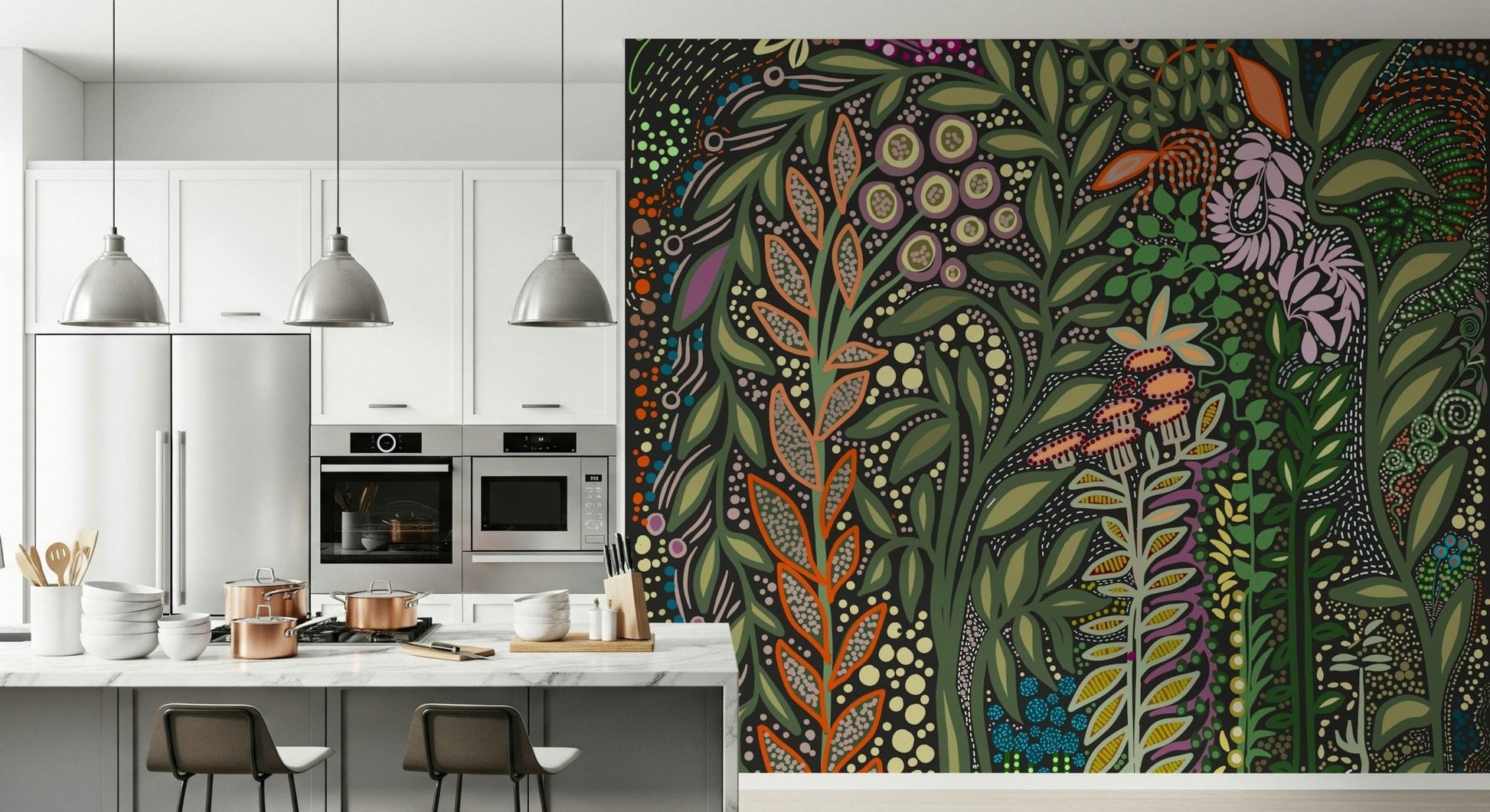 Tropical wallpaper with Strelitzia plants and rich foliage creating a serene garden vibe.