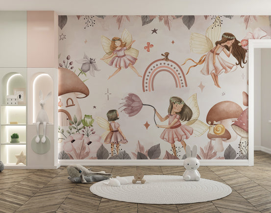 Enchanted Forest Fairies Wall mural with pink watercolor fairies, mushrooms and a rainbow in a kids room