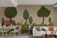 A graceful subtle tree wall mural in cool, natural tones.

