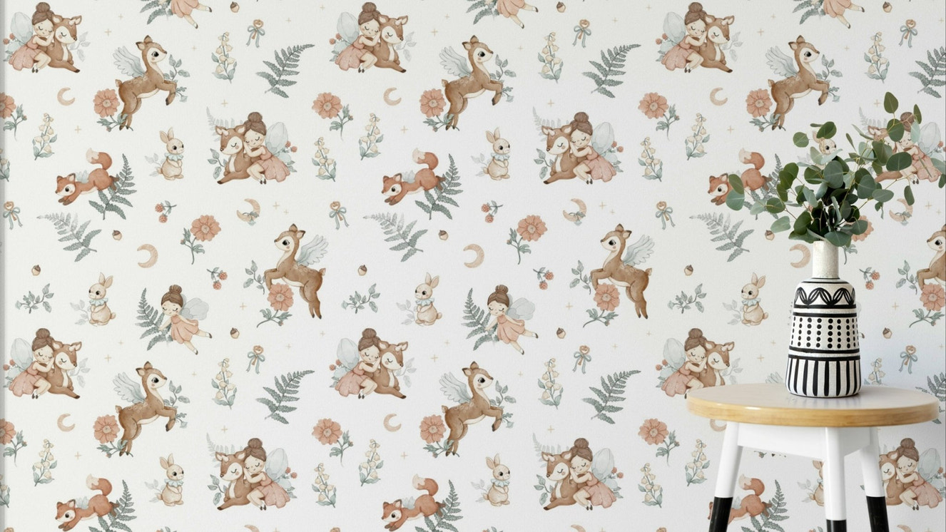 Whimsical forest wallpaper with magical, glowing elements

