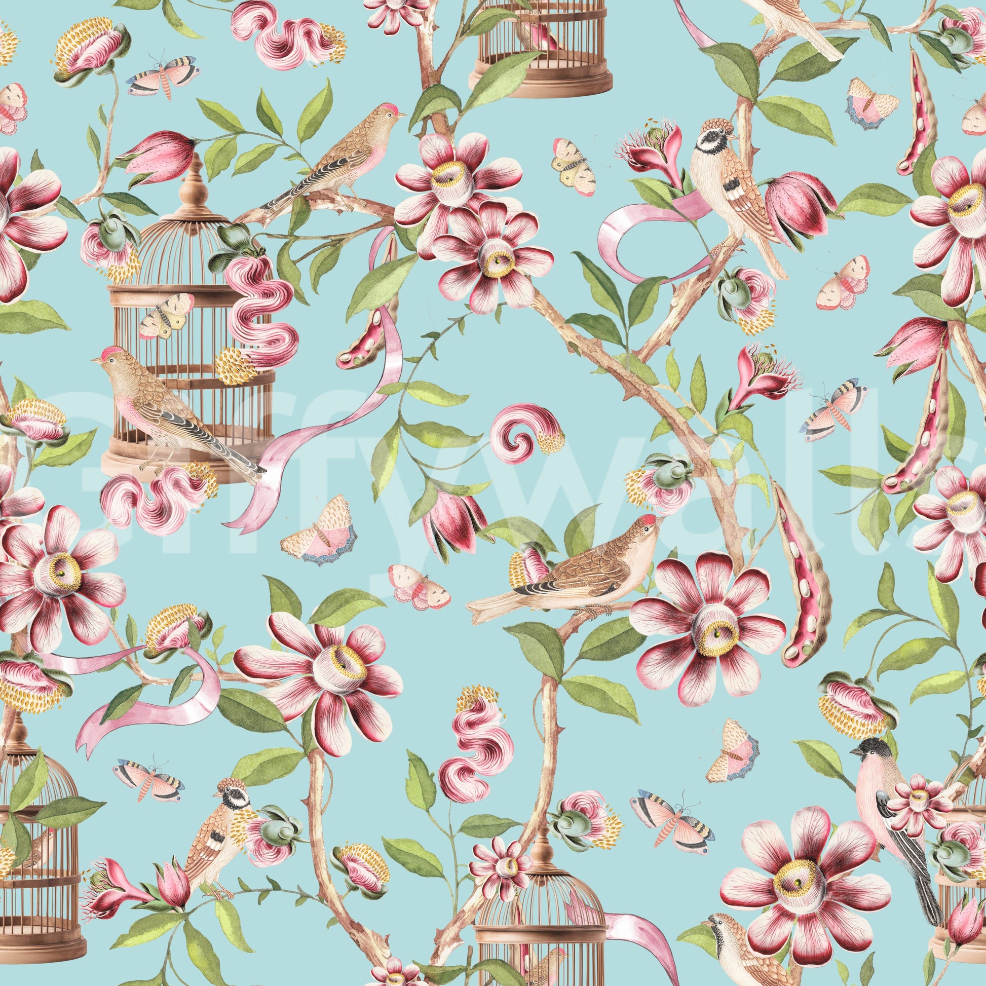 Elegant chinoiserie wallpaper with birds and soft pink blossoms.


