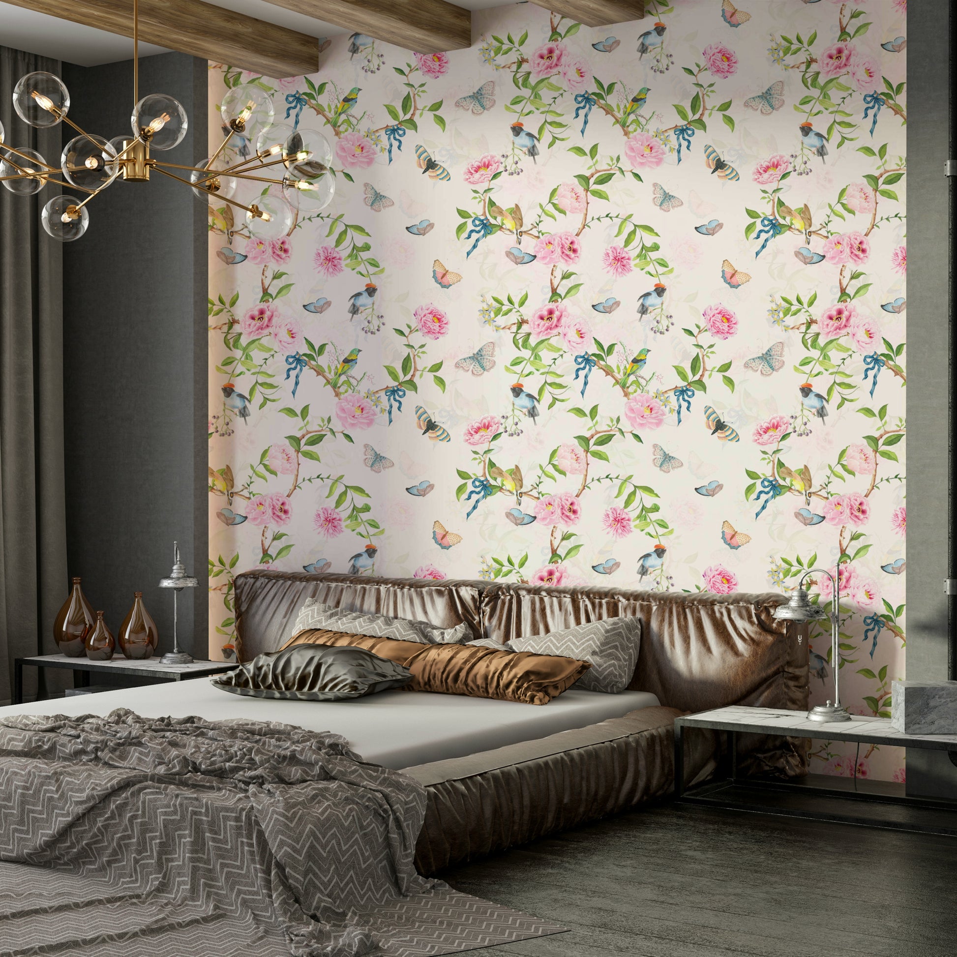 Close-up of pastel blooms, butterflies, and botanical detail.

