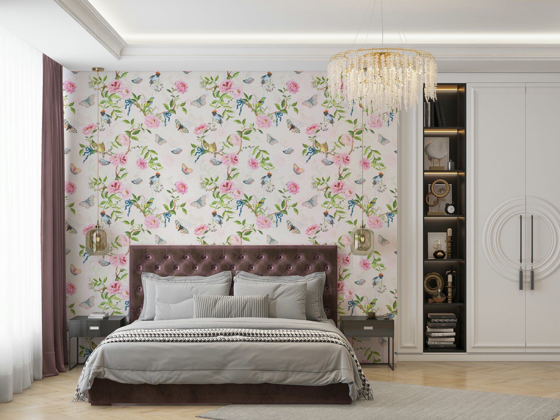 Wallpaper showing birds perched among flowers and leaves.

