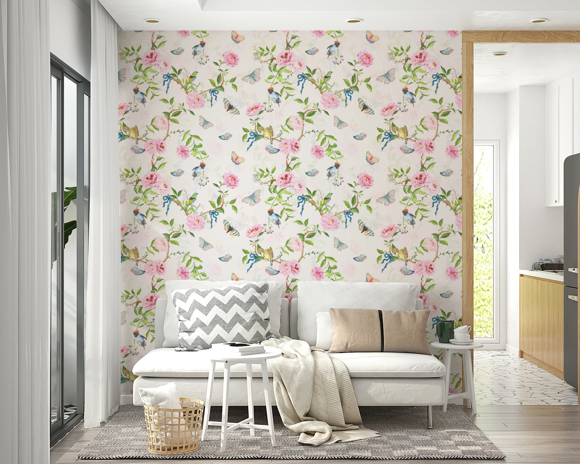 Romantic garden mural with delicate vines and nature elements.

