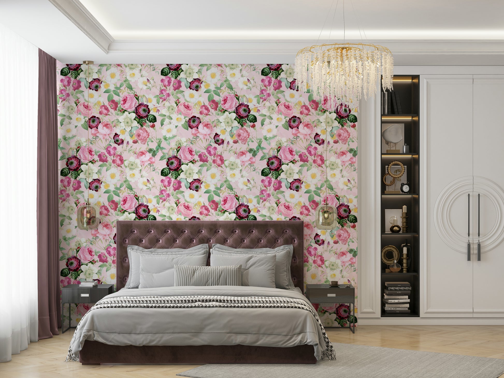 Wall mural with roses and greenery for serene interiors

