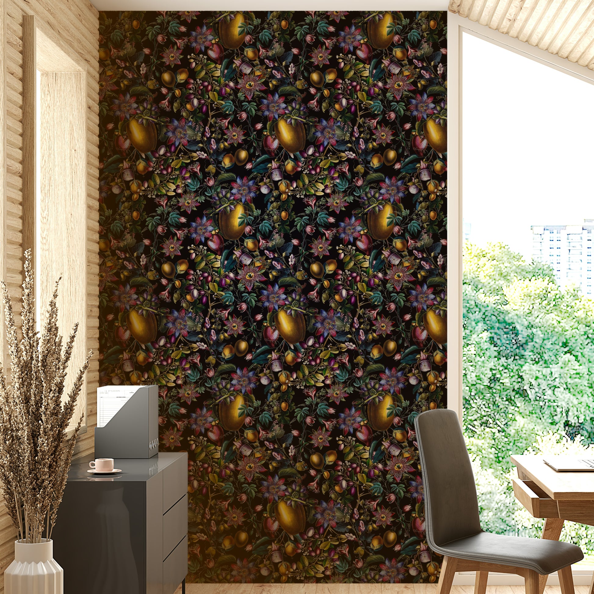 Close-up view of whimsical floral designs in Enchanted Garden wallpaper.

