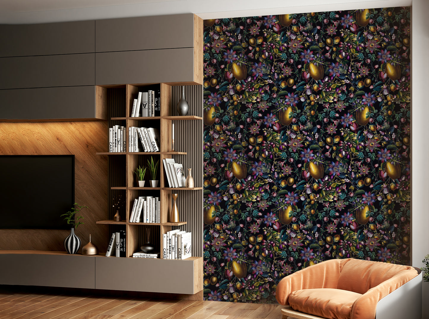 Floral wallpaper mural with intricate flowers and gentle botanical patterns.

