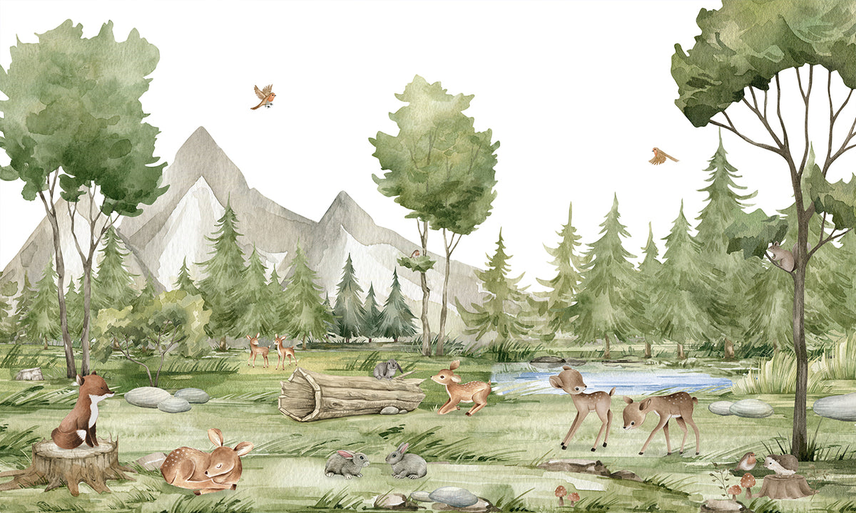Enchanted Green Watercolor Forest Wallpaper in your room