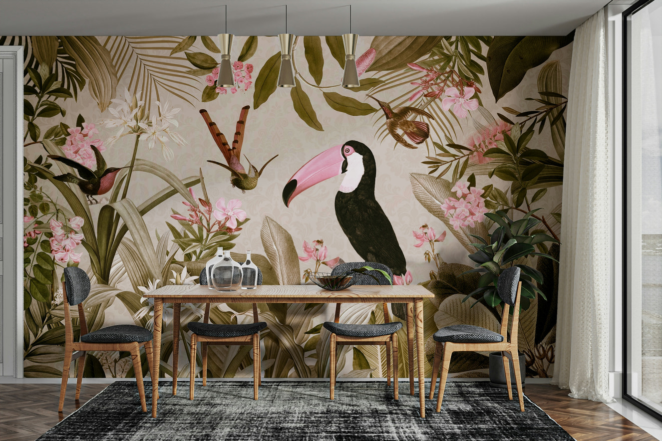 Tropical jungle mural wallpaper with vibrant plants and animals

