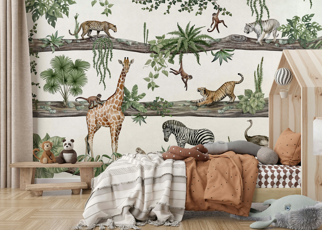 A peaceful tropical forest mural on decorative wallpaper.


