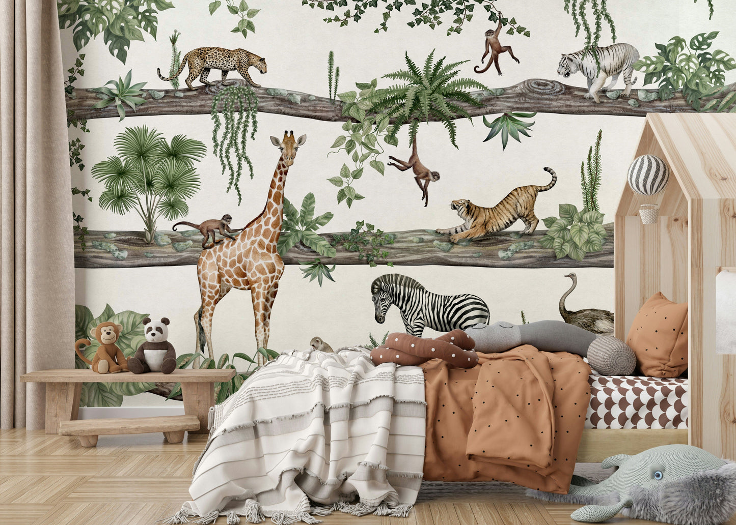 A peaceful tropical forest mural on decorative wallpaper.

