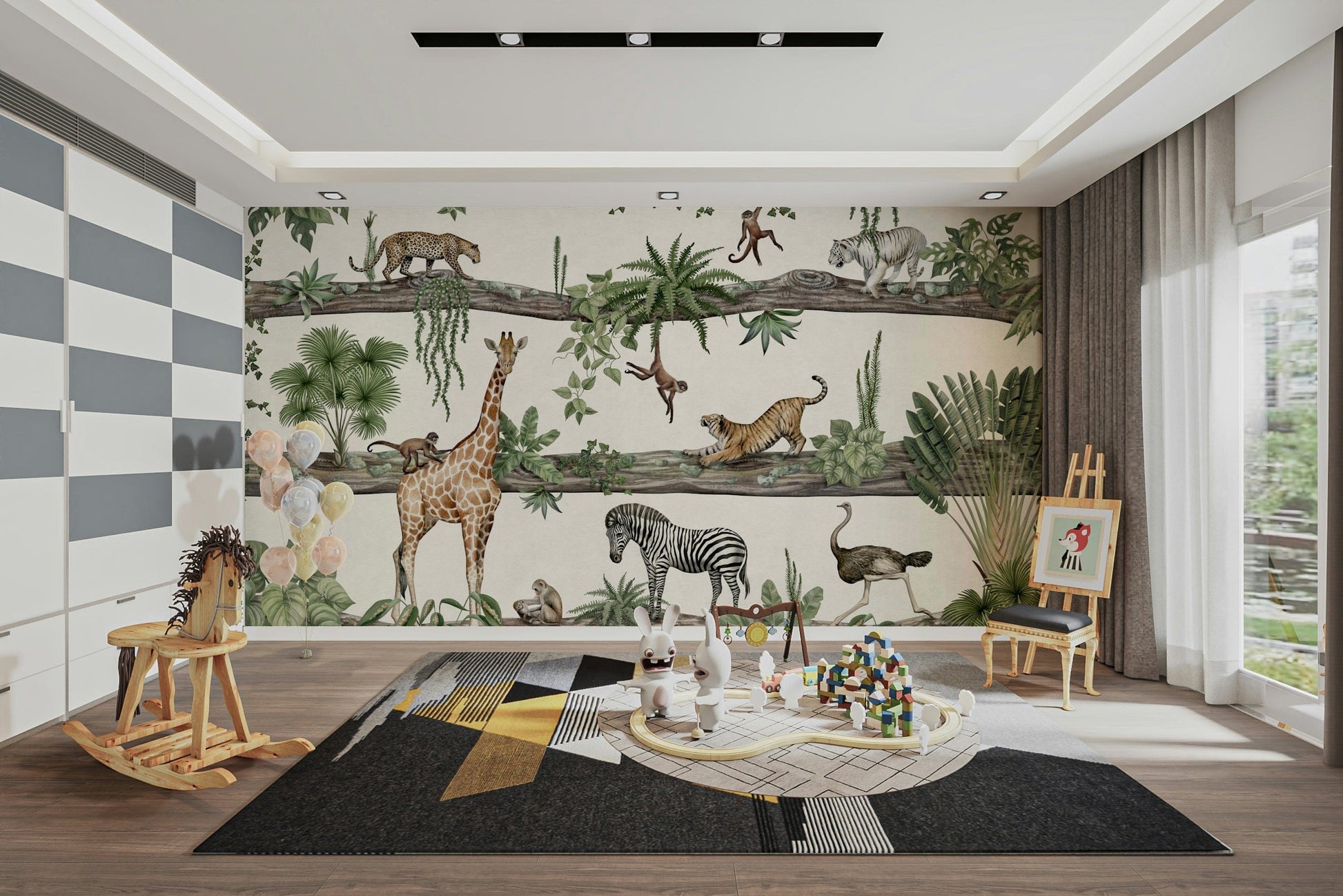 An artistic exotic animal mural on minimalist wallpaper.

