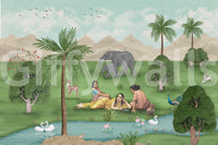 Wildlife landscape wall mural in Enchanted Mughal style
