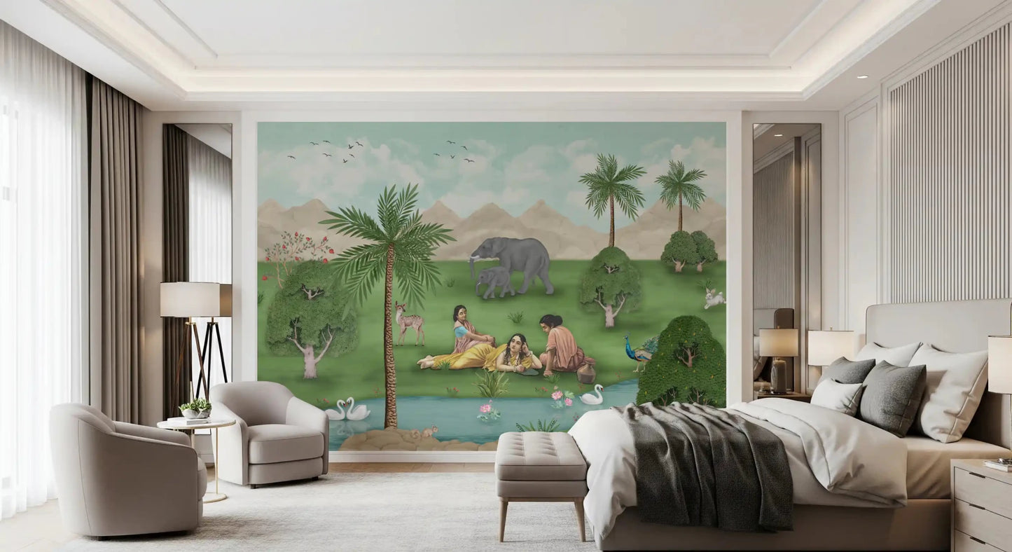 Heritage nature scene wall mural from Enchanted Mughal Landscape