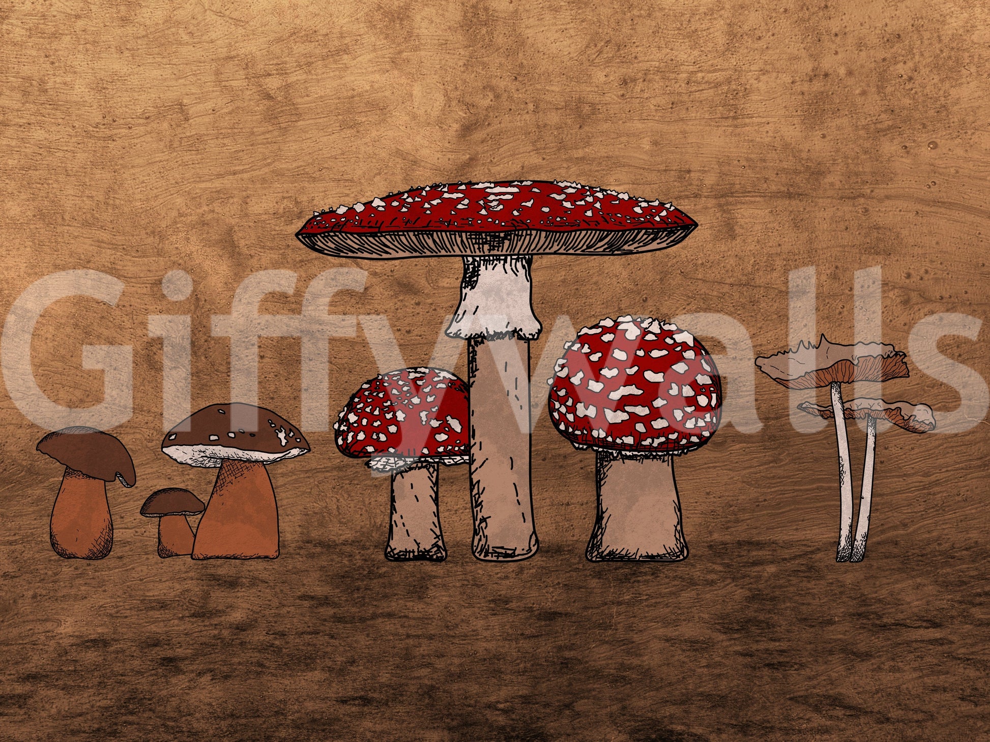 Hand-sketched variety Ancient Mushrooms art feature wallpaper.