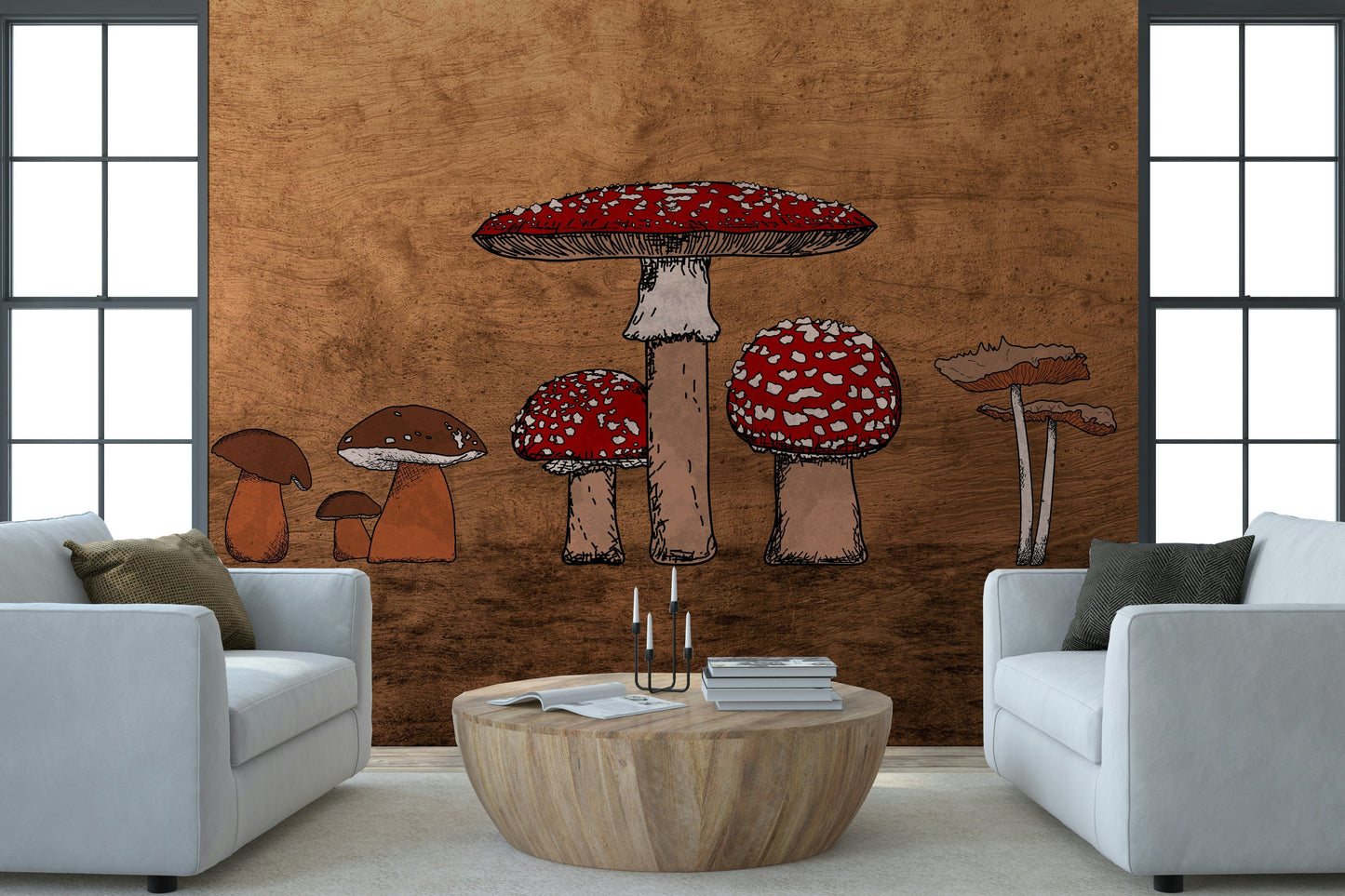 Mycology drawing style Ancient Mushrooms decorative surface wallpaper.