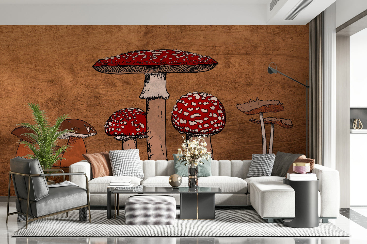 Line work design Ancient Mushrooms graphic, home accent wall mural.