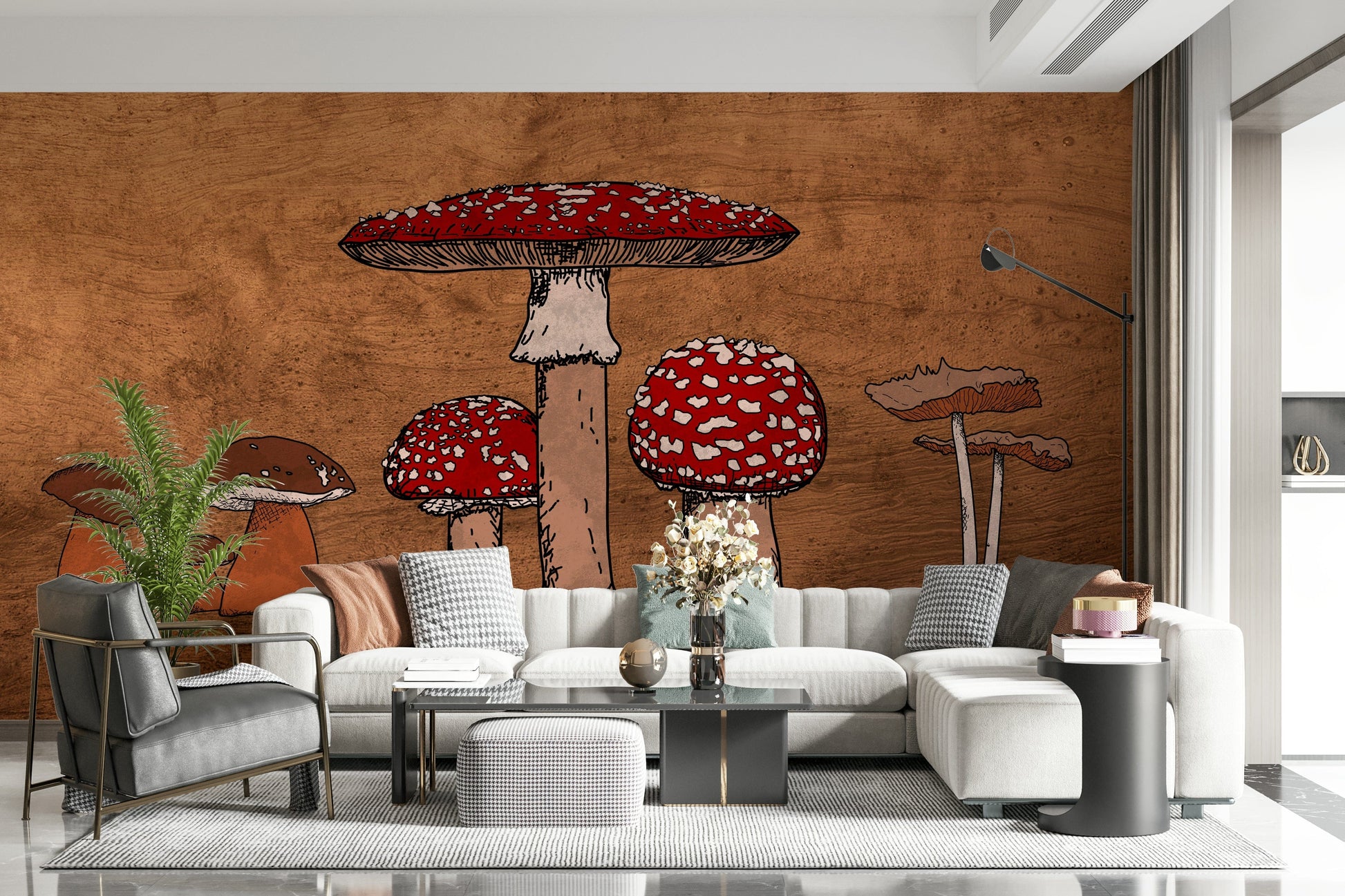 Line work design Ancient Mushrooms graphic, home accent wall mural.