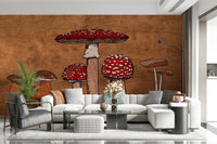 Line work design Ancient Mushrooms graphic, home accent wall mural.