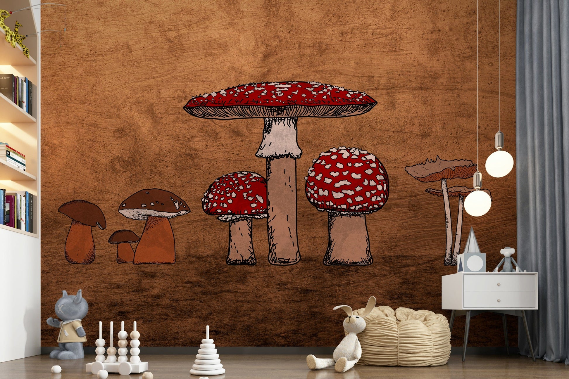 Boletus and Amanita Ancient Mushrooms sketch print wall mural paper.