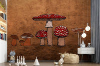 Boletus and Amanita Ancient Mushrooms sketch print wall mural paper.
