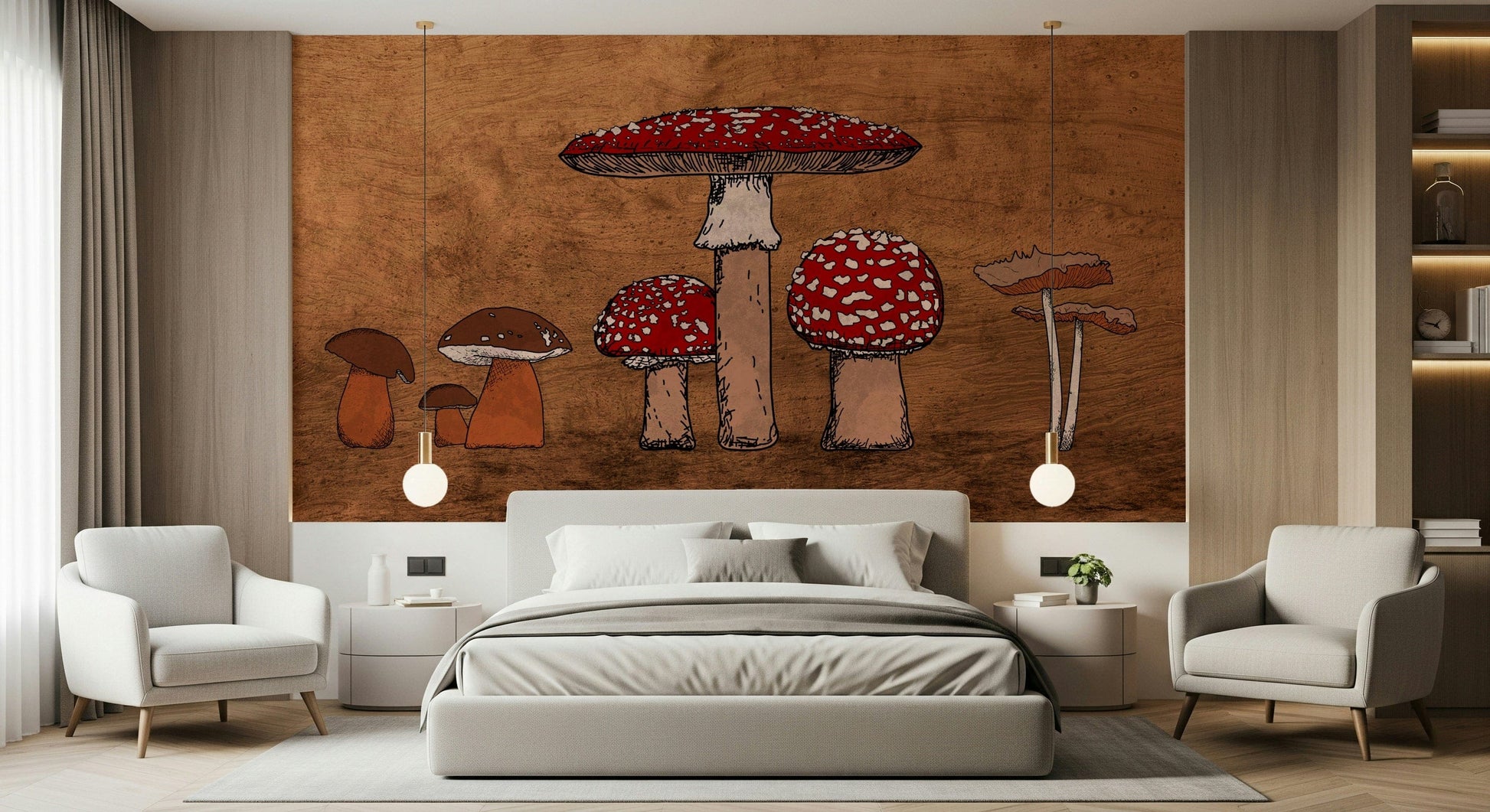 Earthy woodland Ancient Mushrooms drawing, rich texture wallcovering.