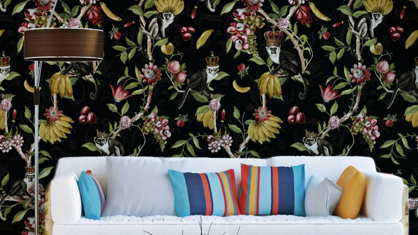 Tropical jungle wallpaper with monkeys, exotic fruits, and lush foliage.

