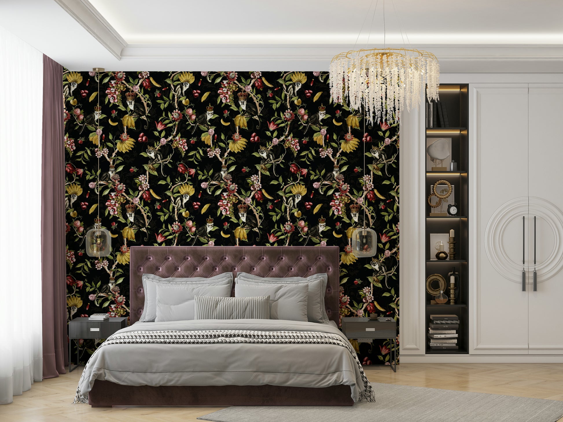 Enchanted jungle wallpaper with playful primates, vivid plants, and flowers.

