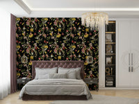 Enchanted jungle wallpaper with playful primates, vivid plants, and flowers.

