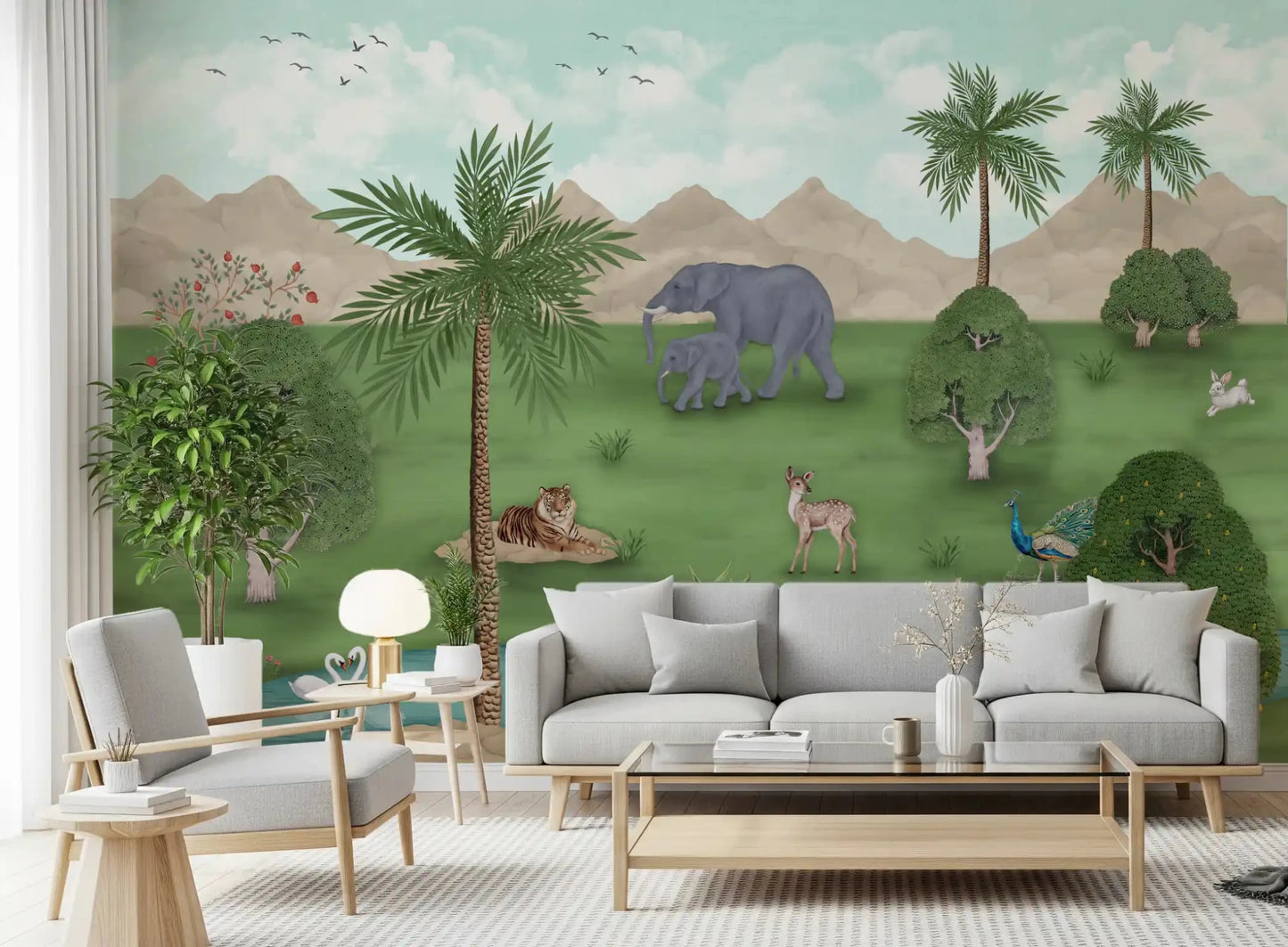 Living room Enchanted River Oasis wall mural with oasis landscape