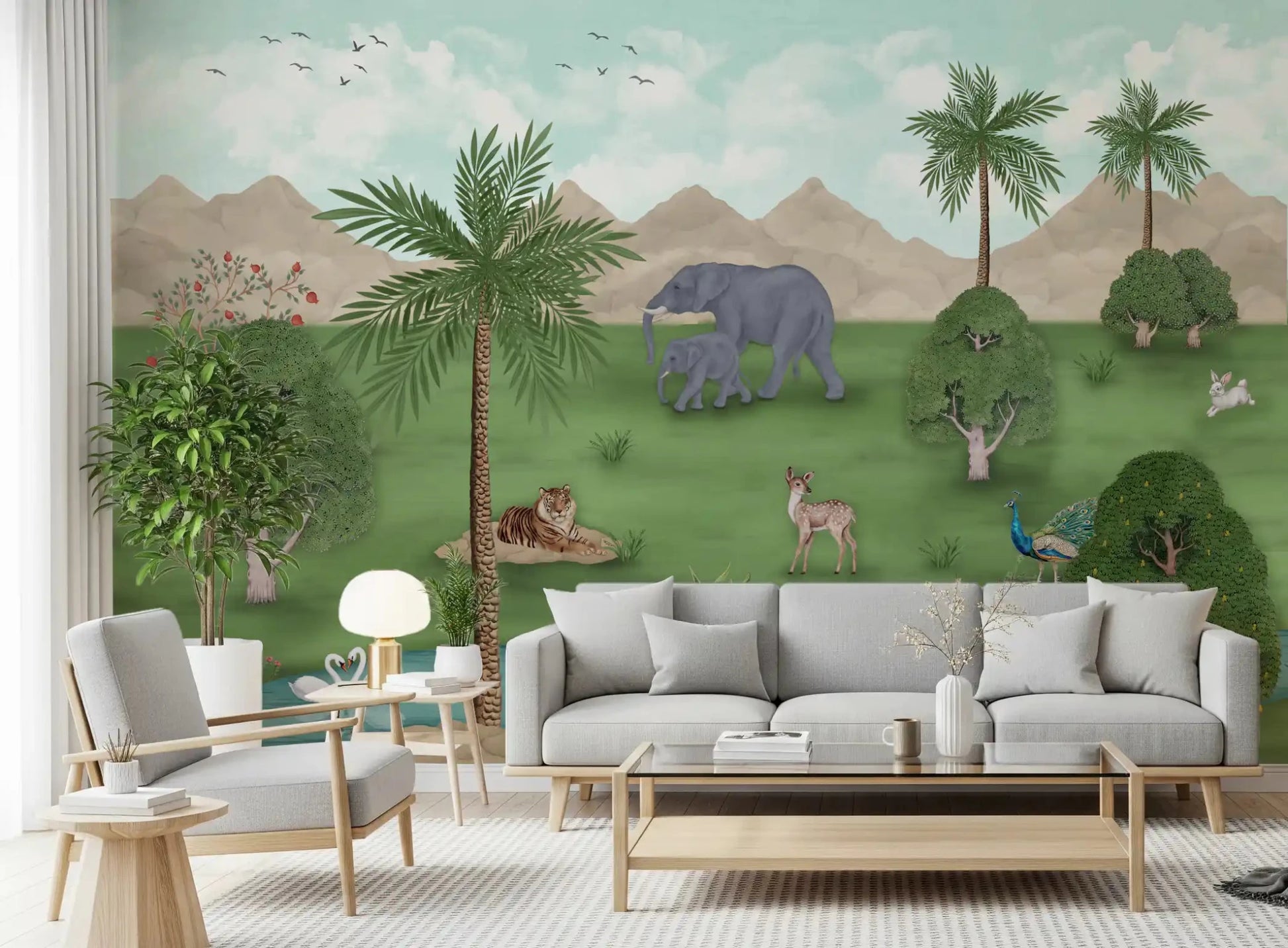 Living room Enchanted River Oasis wall mural with oasis landscape