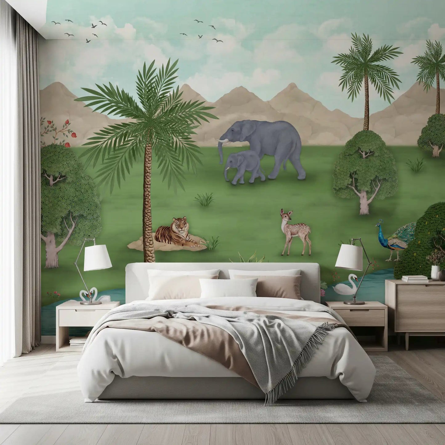 Bedroom Enchanted River Oasis wall mural with swans and palms
