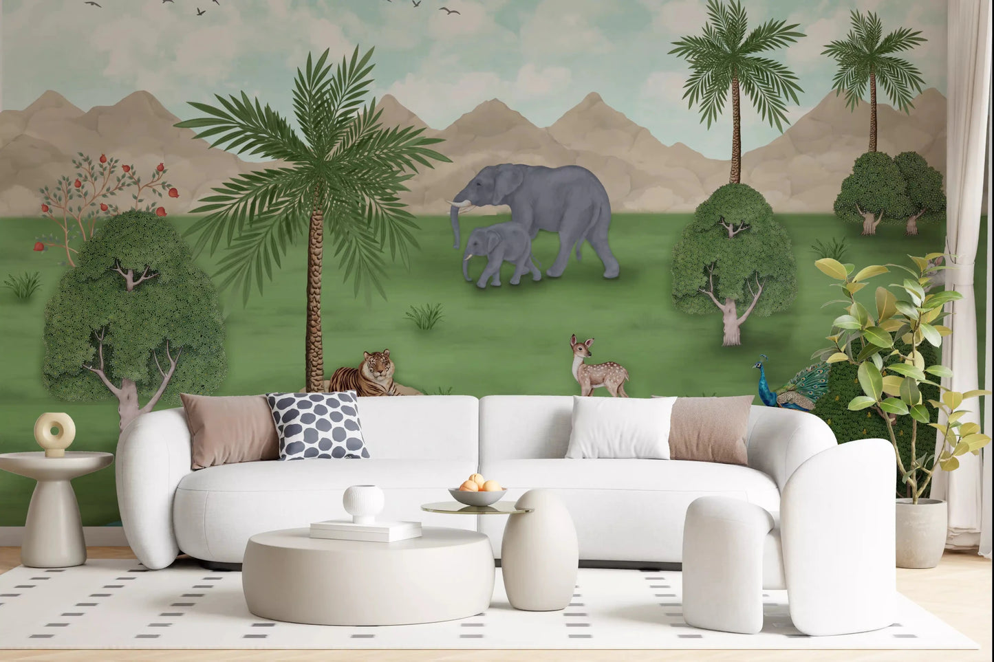 Nature landscape wall mural with river, trees, and wildlife