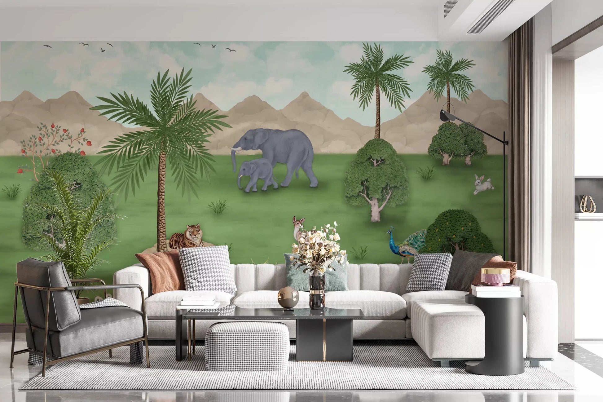 River and palm tree wall mural in Enchanted River Oasis style