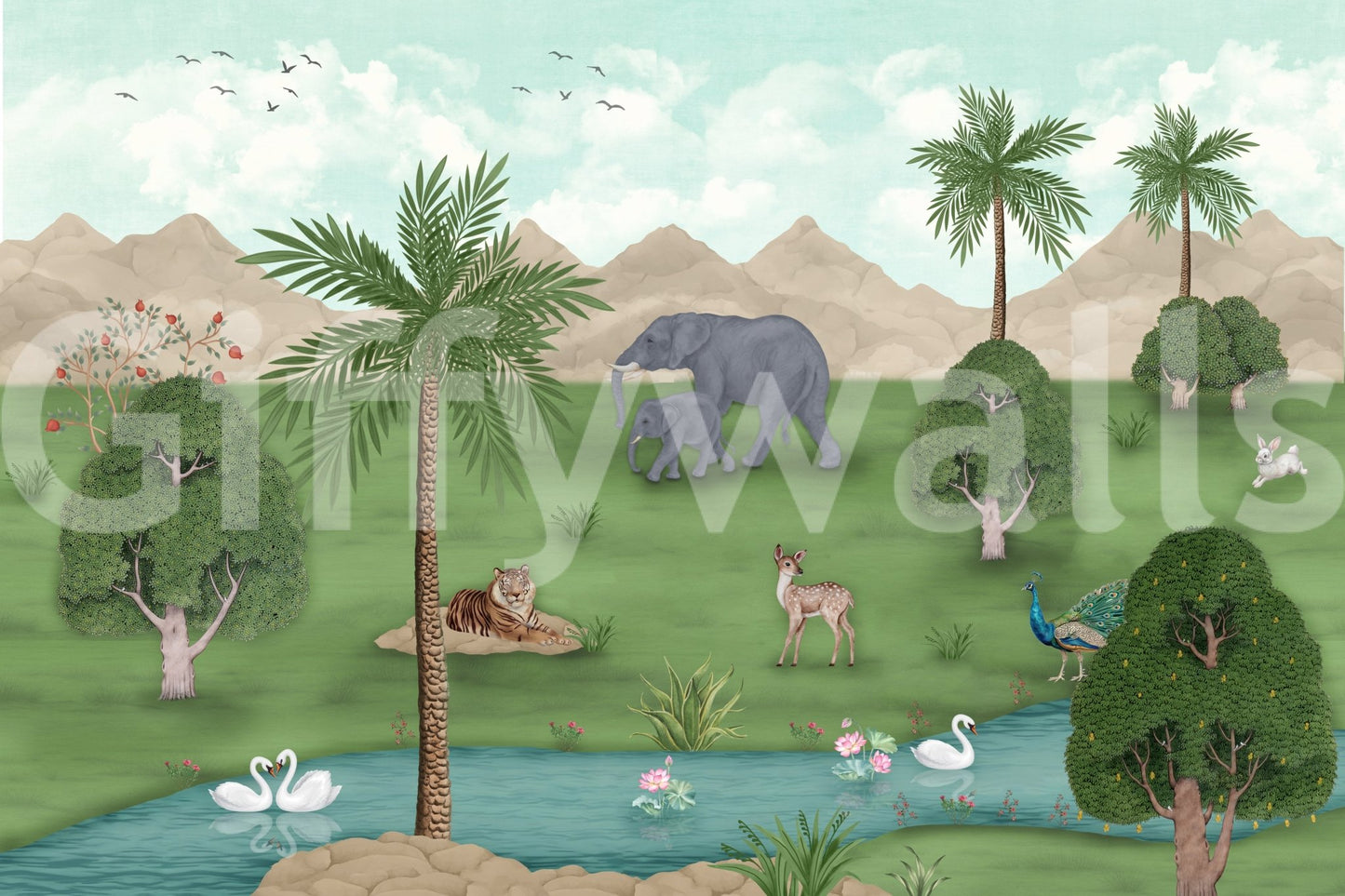 Enchanted River Oasis wall mural showing river and mountain view