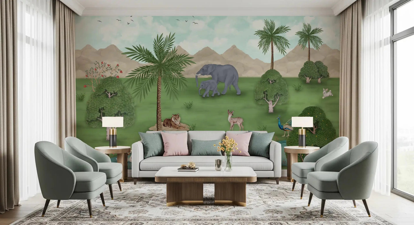 Wildlife oasis scene wall mural with soft green landscape