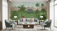 Wildlife oasis scene wall mural with soft green landscape