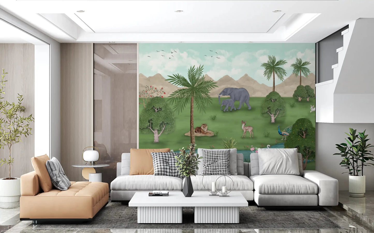 Enchanted River Oasis wall mural with elephants, deer, and swans