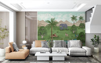 Enchanted River Oasis wall mural with elephants, deer, and swans