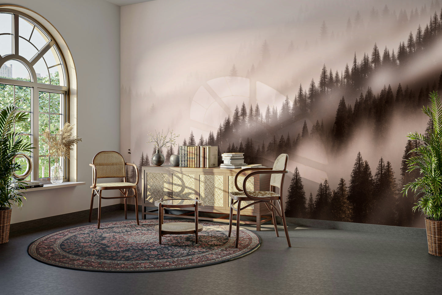 Enchanted Valley Sepia Wallpaper – Neutral-tone scenic wallpaper
