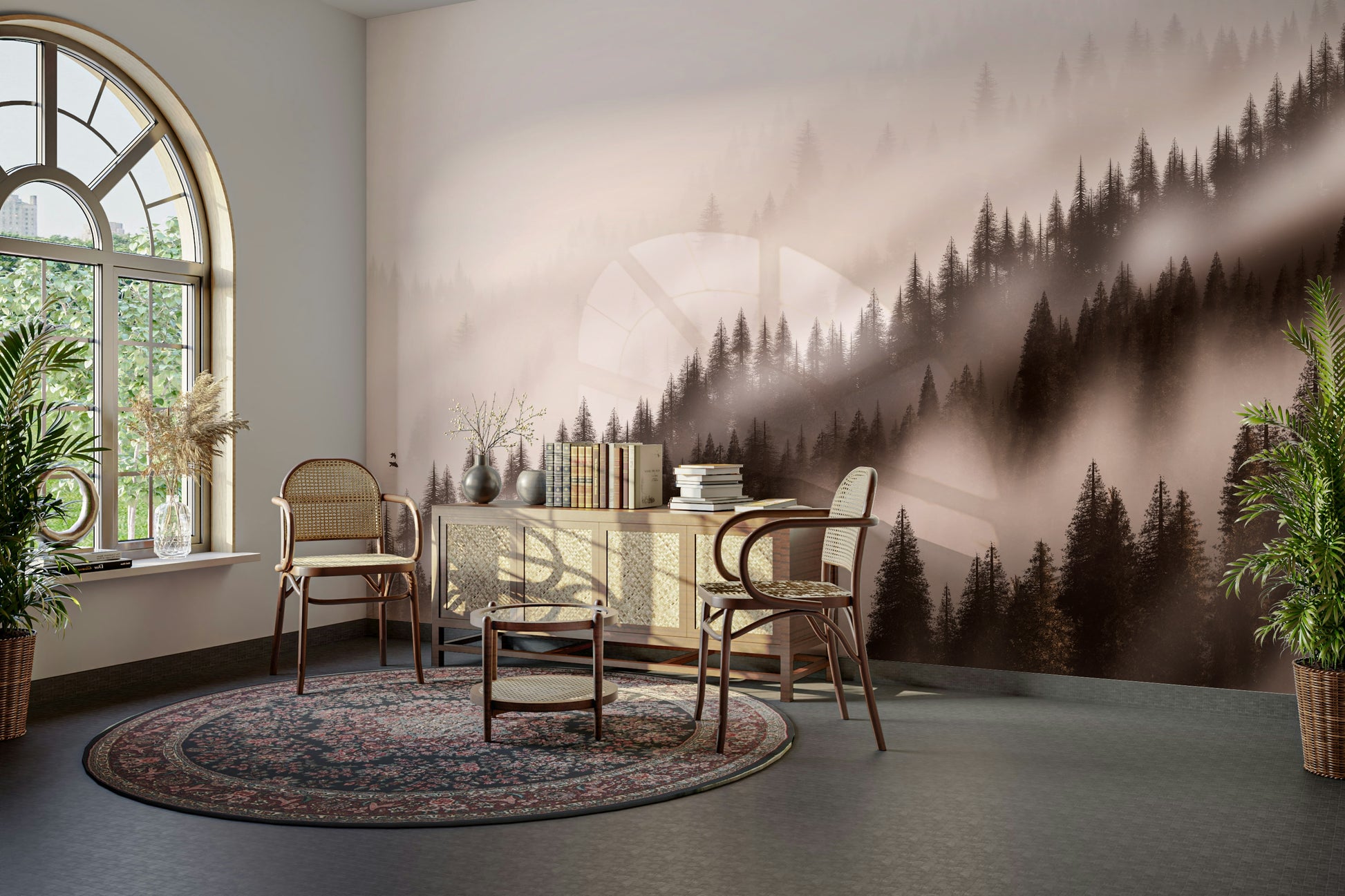 Enchanted Valley Sepia Wallpaper – Neutral-tone scenic wallpaper