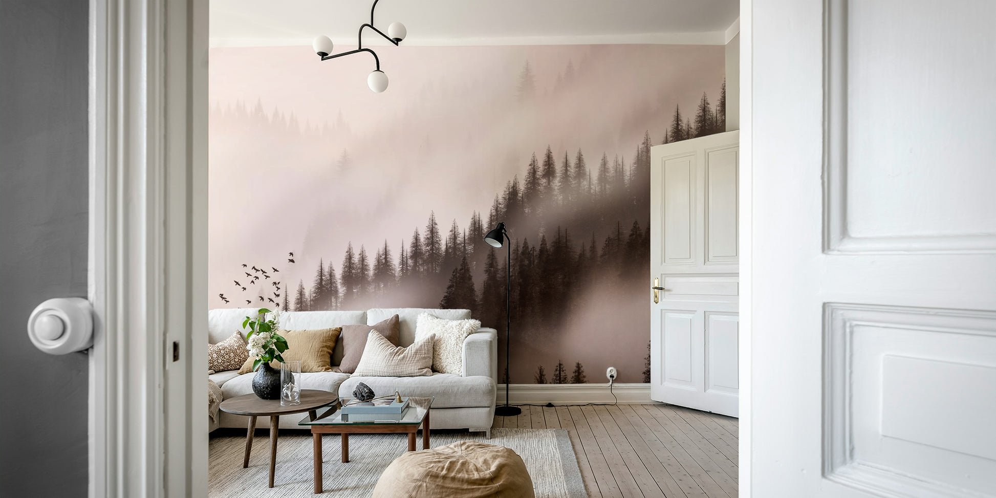 Enchanted Valley Sepia Wallpaper – Pine trees and flying birds illustration