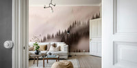 Enchanted Valley Sepia Wallpaper – Pine trees and flying birds illustration