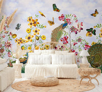Vintage peacock wall mural creating an elegant home atmosphere.

