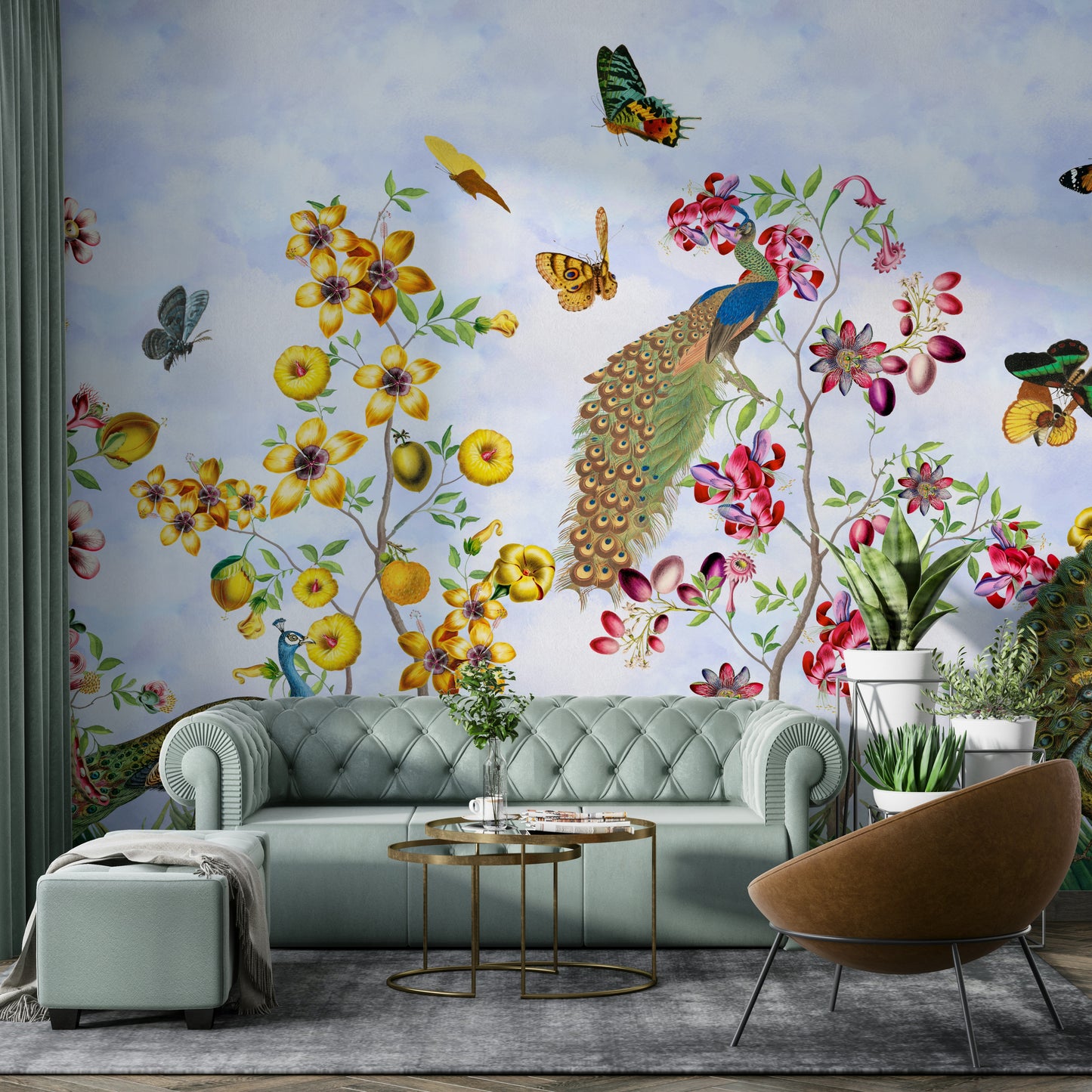 Luxury peacock mural wallpaper with vintage garden design.

