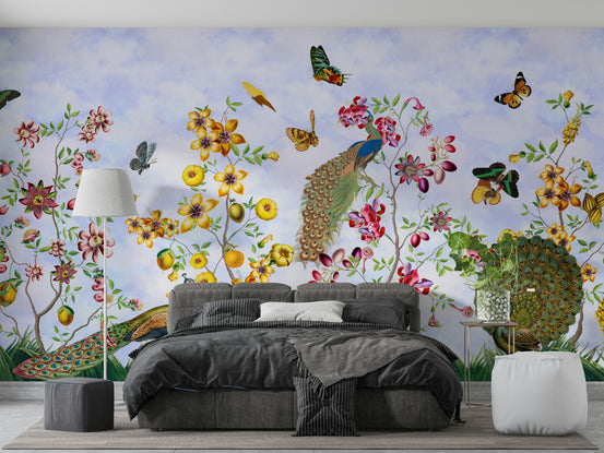 Enchanted Vintage Peacocks Garden mural bringing nature indoors.

