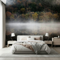 Calm Woodland Reflection photograph, dense hillside backdrop mural.