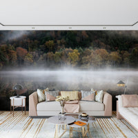 Woodland Reflection wall art, foggy shoreline vista design.